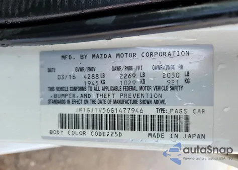 2016 Mazda 6 Touring z USA, uszkodzony, nr VIN JM1GJ1V56G1477946